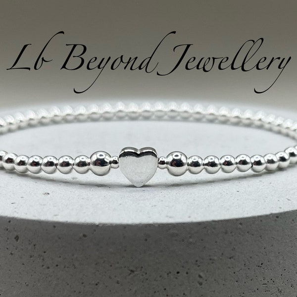 Sterling silver beaded stretch bracelet with heart, silver stretch stacking bracelet, valentines , handmade silver stacking bracelet 925