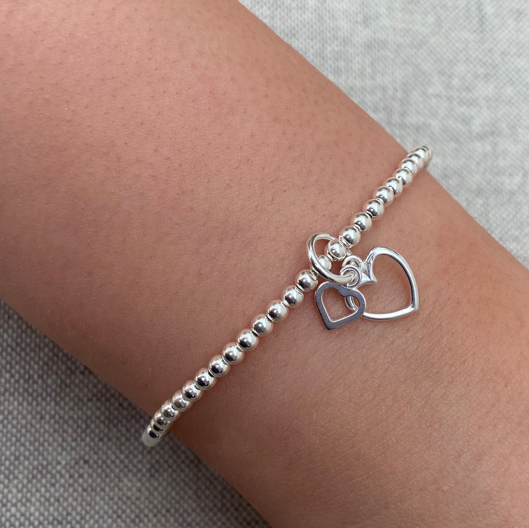 Sterling Silver 925 heart stretch bracelet beaded stacking Etsy