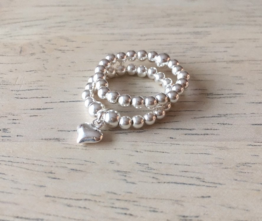Sterling Silver Beaded Stretch Stacking Rings With Puff Heart Etsy UK