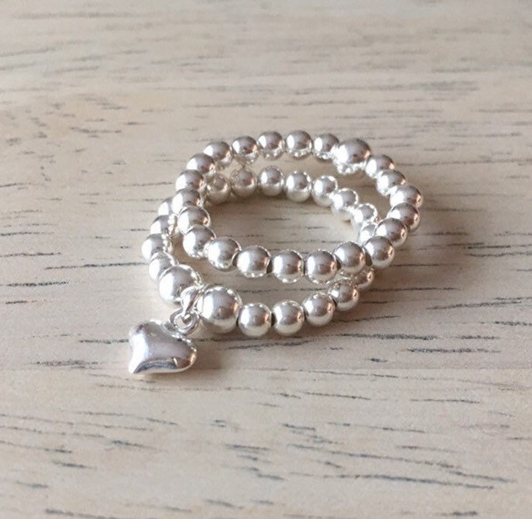 Sterling Silver Beaded Stretch Stacking Rings With Puff Heart - Etsy UK