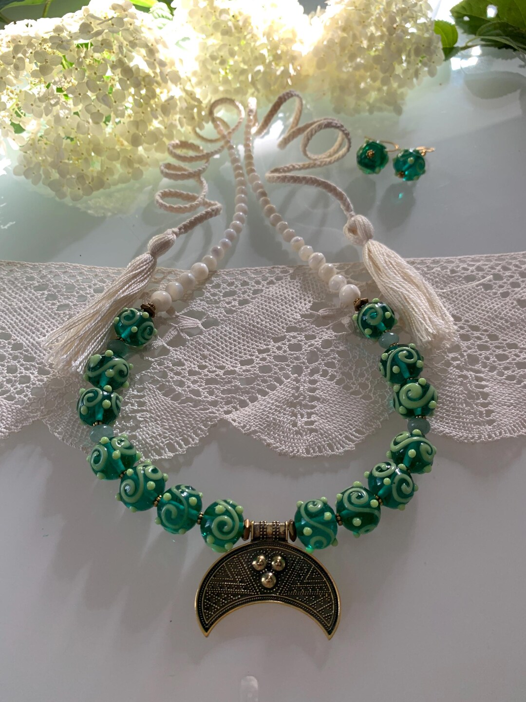 Art Glass Necklace and Earrings Set With Luna Amulet and Natural Mother ...