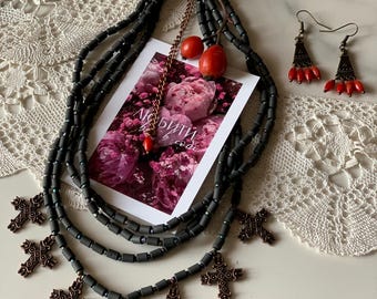 Ukrainian Cross Necklace Set, Ethnic Folk Jewelry, Spiritual Gift for Mother, Easter Necklace, Cultural Heritage Birthday Gift for Her