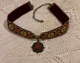 Ukrainian Choker, Ukrainian jewelry, Ukrainian Ethno Dukach, embroidered choker, Agate pendant necklace, Velvet ribbon choker, gift for her