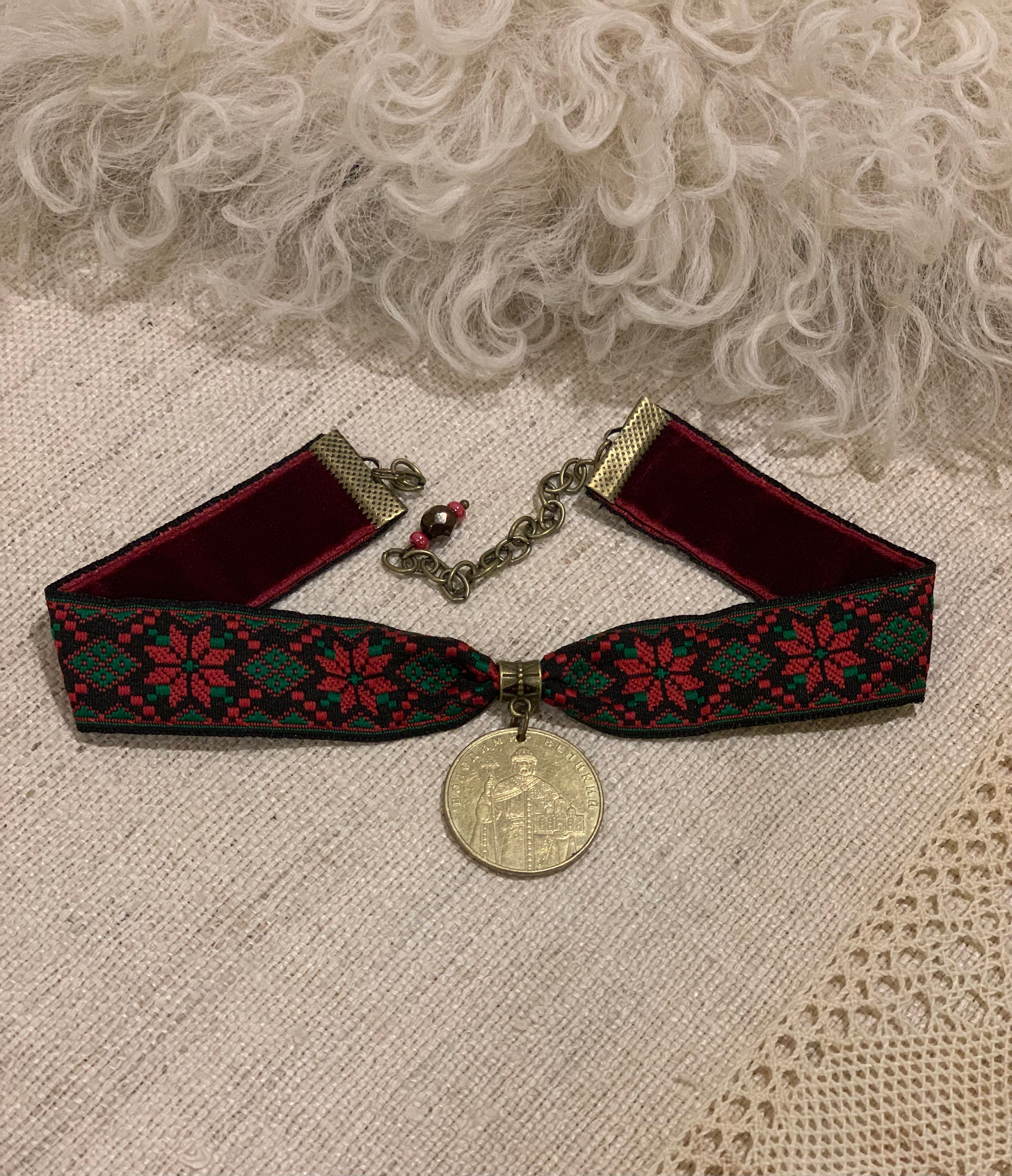 Ukrainian Choker, Ukrainian folk jewelry, Ethno Dukach, Coin necklace, Statement embroidered choker, velvet ribbon choker, Christmas gift