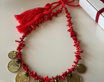 Red Christmas Coral Necklace, Ethnic Ukrainian jewelry, Easter Gift for Her, prickly coral choker