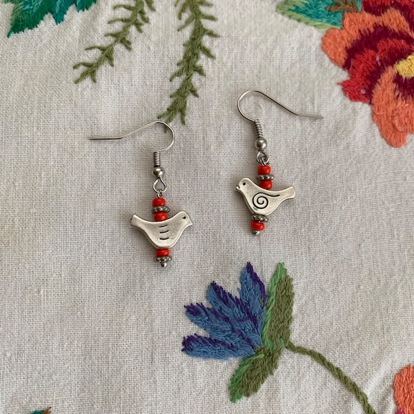 Ukrainian folk Earrings Hutsul style red earrings  beads jewelry Ukraine Christmas Earrings metal birds earrings to namysto