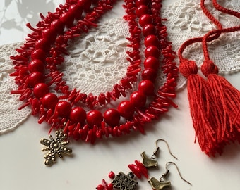 RED CORAL NECKLACE, Talisman Ukrainian jewelry, Spiny Coral Set Ethnic Jewelry, Heirloom necklace, Easter Gift for her