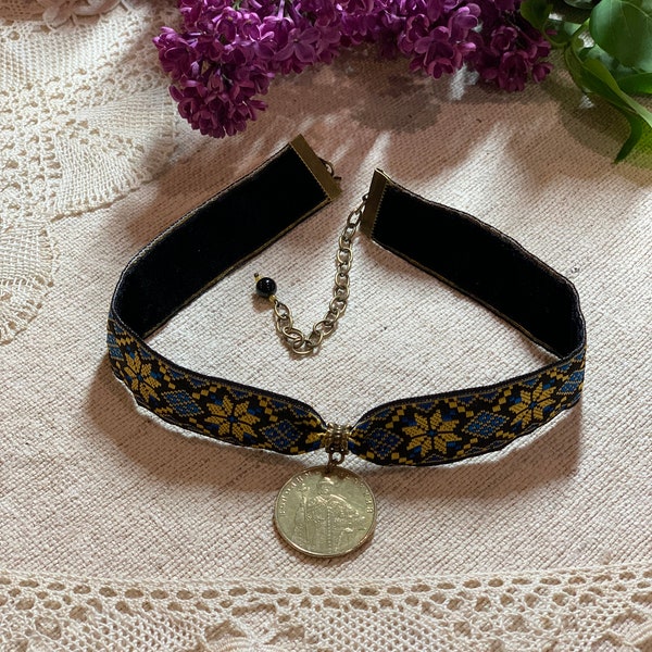 Ukrainian Choker Ukrainian Ethno Dukach Ukraine Choker Embroidery Under Antique dukach Hryvna Coin Pendant Traditional Ukrainian Namysto