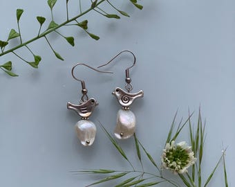 Pearl bird earrings, baroque style pins, handmade folk jewelry from Ukraine, romantic unique gift idea, pearl drops, vintage pearl jewelry