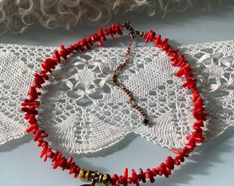 Red Coral Necklace with Brass Lunnytsia Pendant | Ukrainian Ethno Jewelry | Christmas Gift for her