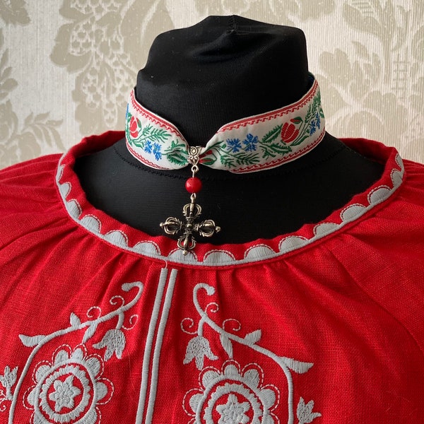 Ukrainian Choker Ukrainian Ethno Dukach Ukraine Choker Embroidery Under Antique dukach Cross Crown Pendant Traditional Ukrainian Namysto