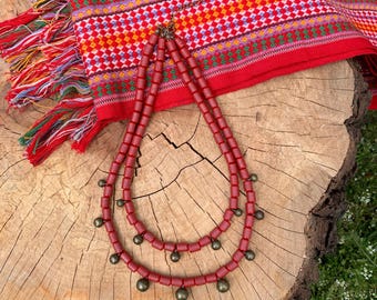 Ukrainian Ceramic Necklace with Brass Bells, Clay Bead Jewelry Set