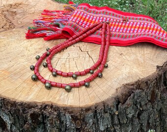 Ukrainian ceramic set Hutsul zgharda rustling bells with flowers beads, necklace terracotta ceramic namysto with earrings, Easter gift her
