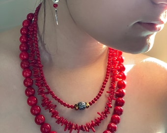 Red Christmas Coral Necklace Set with Cross, Ethnic Folk Jewelry, Gift for Her