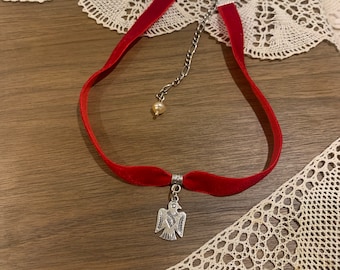 Ukrainian Jewelry Ethnic choker Ukraine Red velvet ribbon Ukrainian Folk jewelry Falcon pendant choker Ethno necklcae bird Ukrainian Namysto