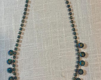 Vintage Teal Rhinestone Necklace | Mid Century Glam, Evening Jewelry