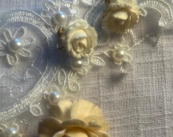 Vintage 12K Gold Filled Rose Brooch & Earrings Set | Hand Carved Floral Jewelry