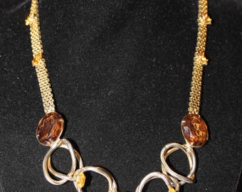 Vintage 1950s DENBÉ Necklace | Amber Glass Stones | Gold Tone Mesh | Mid Century Costume Jewelry