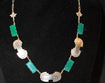 Vintage Art Deco Green Glass & Silver-Tone Panel Necklace | 1920s–1930s Geometric Jewelry
