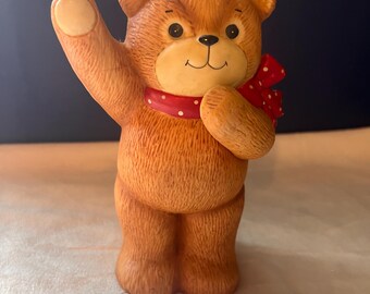 Vintage 1980s Teddy Bear Coin Bank, Retro Bear Figurine with Red Polka Dot Bow, Vintage Nursery Decor, Collectible Bear, 1980s