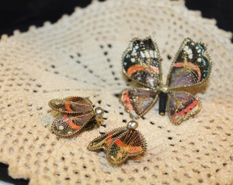 Vintage Enamel Butterfly Brooch & Clip Earrings Set | Germany Demi Parure