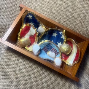 Puede incluir: Una bandeja de madera contiene varias conchas de ostra pintadas con motivos patri&oacute;ticos. Las conchas presentan rayas rojas y blancas, campos azules con estrellas blancas y banderas americanas. Incluye adornos dorados y conchas marinas.