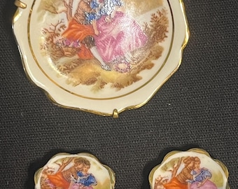 Vintage Limoges Porcelain Brooch & Clip Earrings Set | French Romantic Jewelry