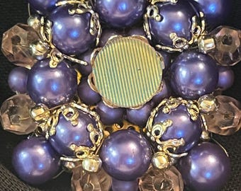Vintage Purple Beaded Cluster Brooch | 1950s Glass Pearl & Crystal Dome Pin