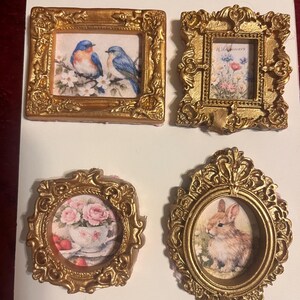 Mini Ornate Gold Framed Art Set of 4, Cottagecore Wall Decor, Hand Assembled Floral Teacup Bird Bunny Prints, Ready to Hang Gallery Wall -2