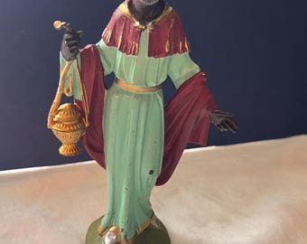 Vintage Black Wise Man Nativity Figurine, Hand-Painted Magi, 5 Inch Christmas Decor