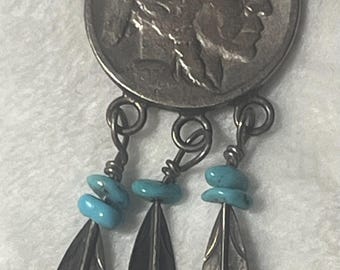 Vintage Buffalo Nickel Pendant, Turquoise Beads & Feather Dangles, Indian Head Coin Jewelry, Southwestern Boho Statement Pendant