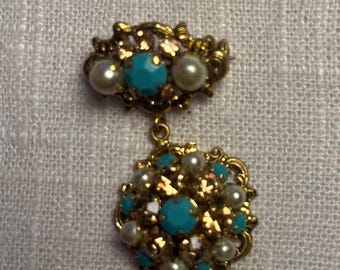 Vintage Austrian Turquoise & Pearl Drop Brooch | Gold Tone Filigree | Mid Century Costume Jewelry