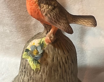 Vintage Flambro Robin Bell, Fine Bone China Bird Bell, Hand Painted American Robin, Made in Taiwan, Cottage Garden Decor