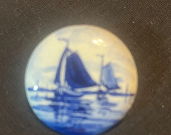 Vintage Dutch Self Blue Porcelain Brooch Hand Painted Holland