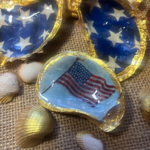 Puede incluir: Varias conchas de ostra decoradas con motivos patri&oacute;ticos. Algunas conchas presentan un fondo azul con estrellas blancas, mientras que otras muestran un dise&ntilde;o de la bandera estadounidense. Las conchas tienen bordes dorados y est&aacute;n rodeadas de conchas doradas y naturales.