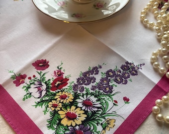Lot de 3 mouchoirs fleuris | Mouchoirs lumineux Cottagecore | Bordures rose rouge sarcelle | Ensemble de mouchoirs en coton rétro | Cadeau de mariée Tea Party