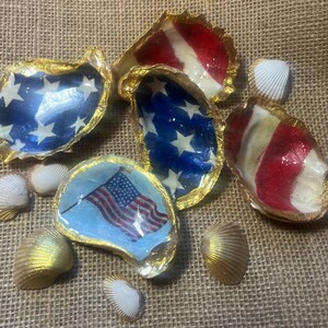 Puede incluir: Varias conchas de ostra est&aacute;n pintadas con dise&ntilde;os patri&oacute;ticos. Algunas conchas presentan un fondo azul con estrellas blancas, mientras que otras muestran rayas rojas y blancas. Los bordes de las conchas est&aacute;n adornados con pintura dorada. Hay conchas adicionales dispersas.