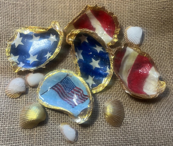 Handcrafted Patriotic Oyster Shell Decor, American Flag Coastal Bowl Fillers, Gold Edging