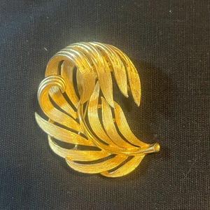 May include: A gold-toned metal brooch in the shape of a stylized feather or leaf. The brooch has a textured surface and a curved, flowing design. The background is a dark, solid color.
