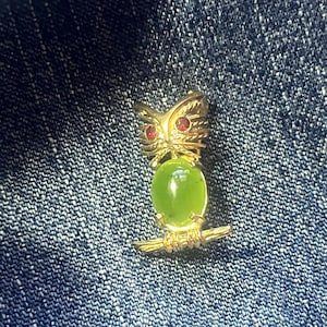 May include: A gold-toned owl brooch with red gemstone eyes and a green gemstone body. The owl is perched on a gold branch. The brooch is a vintage style accessory.