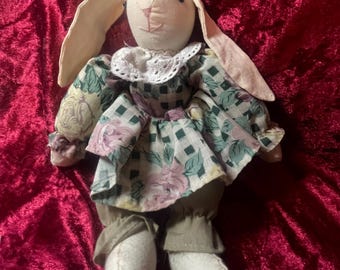 Vintage Handmade Primitive Bunny Doll Floral Rag Rabbit Cottagecore Farmhouse Decor 9 Inch Soft Sculpture