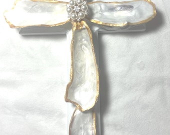 Handmade Oyster Shell Cross Wall Decor 12 x 7 | Coastal Christian Gift | Pearl & Gold Accent Cross | Faith Inspired Wall Hanging