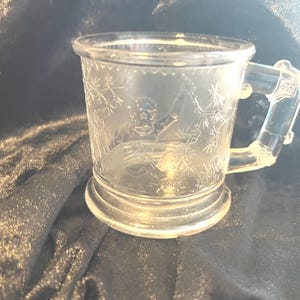 Vintage Frosted Glass Child’s Mug with Monkey Design | Depression Glass Style Cup | Etched Jungle Scene | Collectible Kids Mug