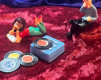 Vintage Hong Kong Teen Doll Accessory Lot, Hard Plastic Figures with Record Player & Mini Records, 1960s Playset Accessories