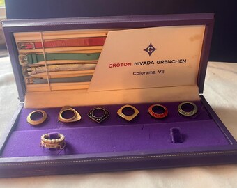 Coffret montre vintage Croton Nivada Grenchen Colorama VII, 7 lunettes, 4 bracelets, boîtier d'origine, années 1960