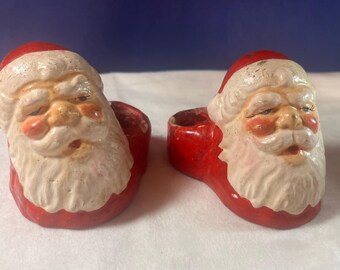 Ensemble de 2 bougeoirs vintage Père Noël, décorations de Noël en céramique peintes à la main, figurines de Père Noël rétro, décoration de cheminée pour les fêtes