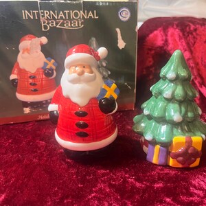 Vintage International Bazaar Santa & Christmas Tree Salt Pepper Shaker Set 4” w Box | Ceramic Christmas Holiday Decor