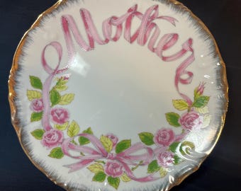 Vintage “Mother” Decorative Plate – Hand Painted Pink Roses & Gold Trim, Mother’s Day Gift