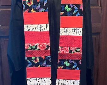 Étole de bureau faite main | Étole Pastor rouge en patchwork | Foi, espérance, amour, vêtement liturgique | Cadeau d'ordination | Longueur personnalisée disponible