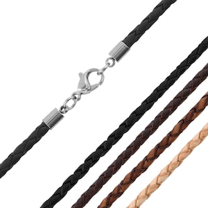 AURORIS leren ketting gevlochten 3 mm echt leer plantaardig gelooid rundleer kleur selecteerbaar met roestvrijstalen drukknoop